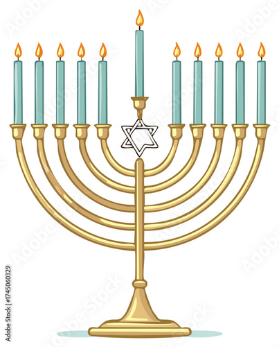 Golden Hanukkah menorah with nine lit blue candles and a Star of David symbol illustration for holiday celebration
