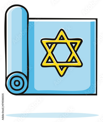 Cartoon illustration of blue scroll with yellow star of David icon or symbol