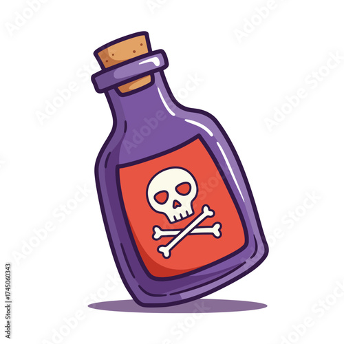 Cartoon purple glass bottle with skull and crossbones poison label.