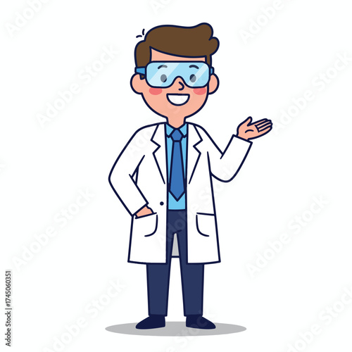 Cheerful Cartoon Scientist in Lab Coat and Goggles Presenting.