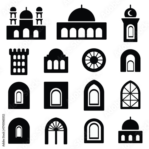 Islamic mosque silhouettes with domes a minaret vector art. Black mosque silhouettes with crescent moon. Beautiful Islamic mosque silhouette for Ramadan. Traditional mosque silhouettes for Islamic art