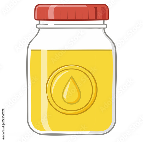 Jar of Golden Liquid with Red Lid Oil Water Symbol Label Vector Illustration