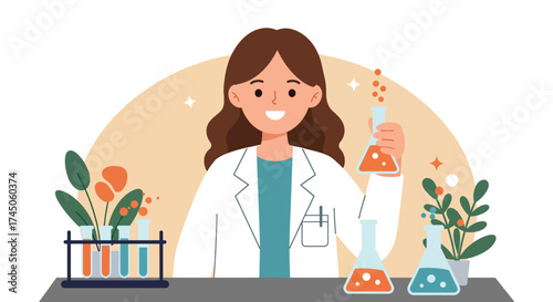 Cheerful female scientist in lab coat conducting experiment with flasks and plants.
