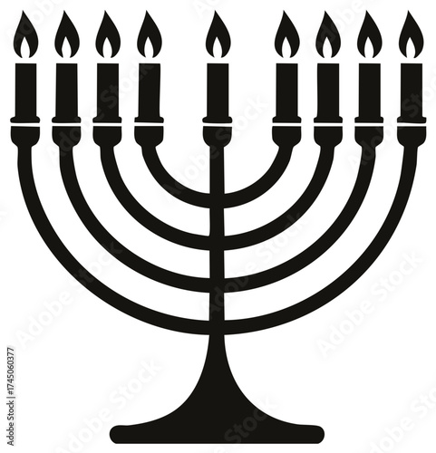 Hanukkah Menorah Silhouette with Nine Burning Candles Jewish Festival of Lights Symbol
