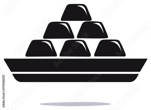 Pyramid of gold bars stacked on a platform illustration in black and white.