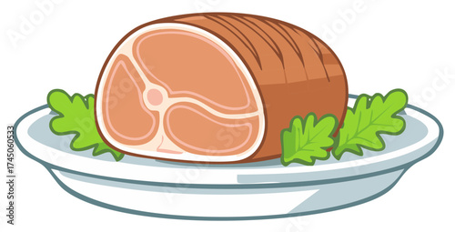 Cartoon illustration of a slice of meat with lettuce on a plate