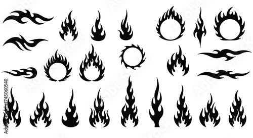 Collection of Stylized Flame and Fire Icons in Black Silhouette.