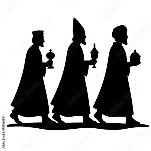 Three wise men silhouette carrying gifts, Magi procession, black on white