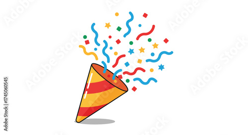 Festive Confetti Popper Exploding with Colorful Streamers and Stars.