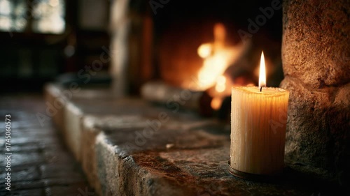 Warm Glow: Captivating Candle Illuminates Cozy Hearthside Scene with Flickering Flames and Rustic Stone Surroundings in a Tranquil Setting