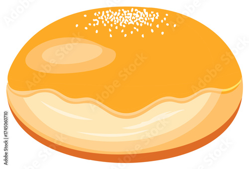 Sweet Asian bakery bun with sesame seeds and custard filling isolated vector illustration