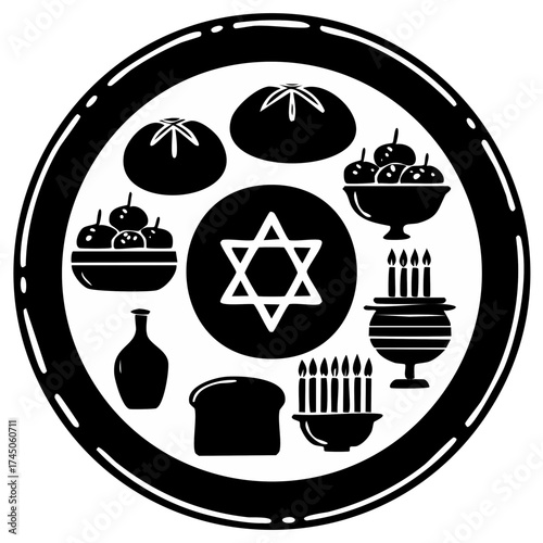 Passover Seder Plate with Matzah, Wine, Maror, and Star of David - Black and White Illustration