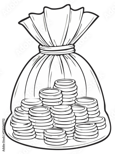 Money Bag Filled with Stacks of Coins Line Art Illustration Vector