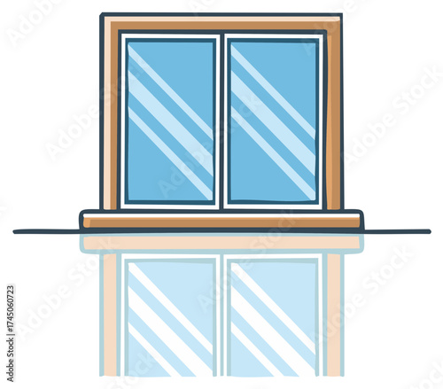 Simple cartoon window with light blue glass panels wooden frame sill and calm reflection