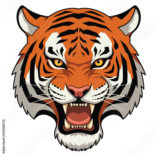 Fierce Tiger Head with Open Mouth and Bared Teeth Roaring.