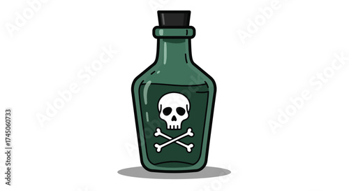 Green Glass Bottle with Skull and Crossbones Poison Symbol.