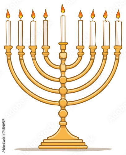 Elegant golden Hanukkah menorah candelabrum with nine brightly lit candles