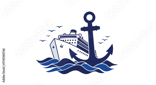 Majestic Cruise Ship Anchored Amidst Wavy Seas with Seagulls.