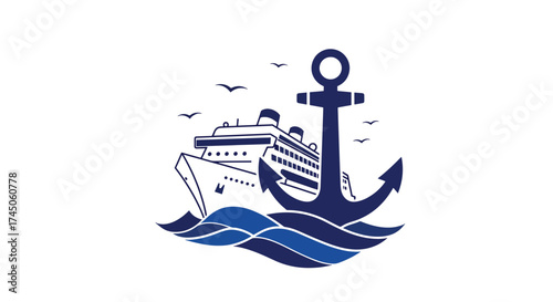 Majestic Cruise Ship and Nautical Anchor Emblem on Wavy Ocean.