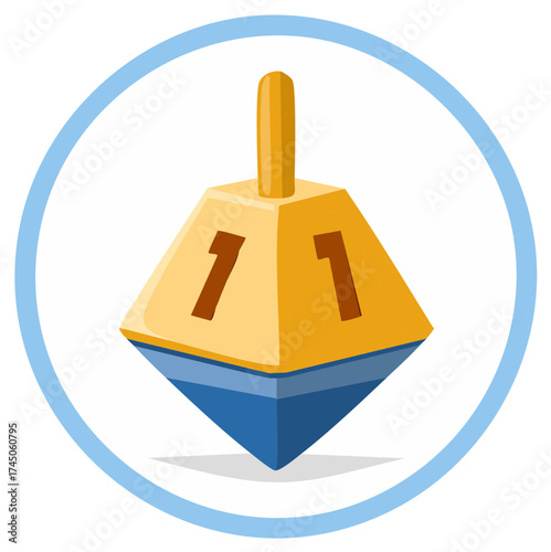 Illustrated Hanukkah Dreidel with Hebrew Letter Nun Symbol on a Light Blue Circle Background