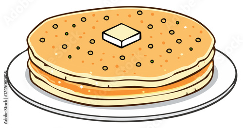 Stack of pancakes with butter on top, served on a plate for tasty morning breakfast