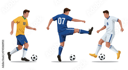 Three diverse male soccer players in action kicking and dribbling footballs.