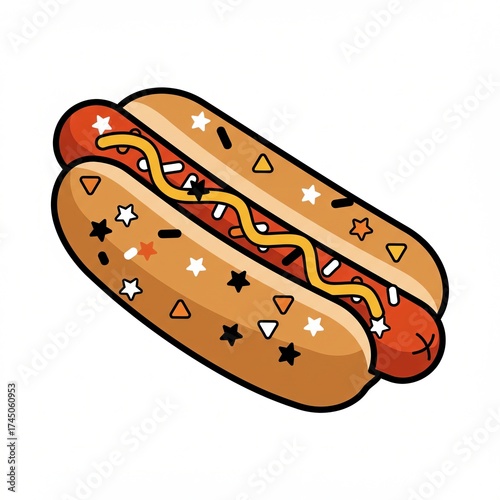 A playful illustration of a hot dog with a bun, adorned with colorful toppings like mustard and festive sprinkles. The design is vibrant and cartoonish, evoking fun