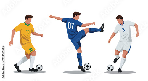 Three Diverse Football Players in Action with Soccer Balls.