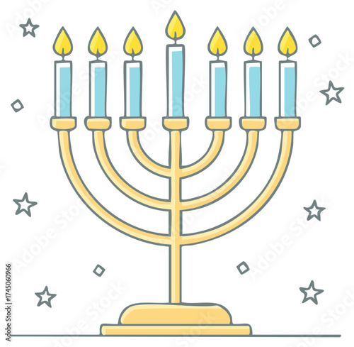 Drawn menorah illustration with glowing candles and star elements.