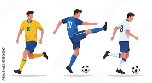 Three Male Soccer Players in Action with Footballs.