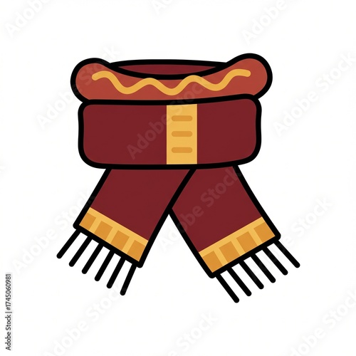 A stylized illustration of a maroon scarf with yellow accents and fringes, exuding warmth and coziness, perfect for chilly weather and winter fashion
