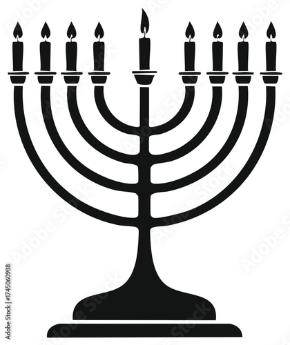 Illuminated Hanukkah Menorah with Nine Burning Candles in Silhouette