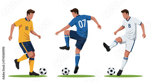 Three male soccer players in action dribbling and kicking balls.