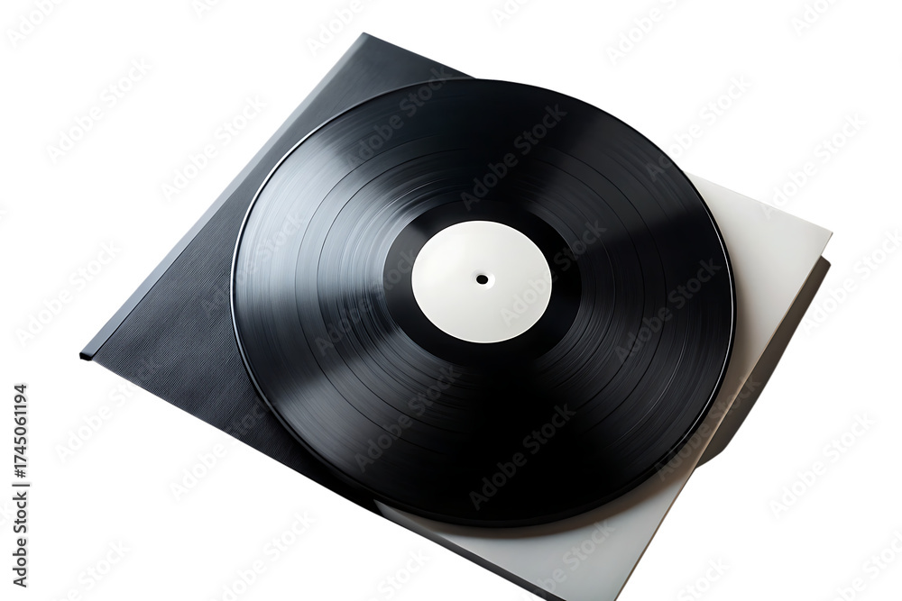 Fototapeta premium Vintage black vinyl record album with blank white label and sleeve isolated on transparent background