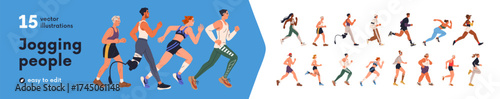 Diverse jogging and running people set. Active healthy characters, old and young runners, joggers do sports activity. Sport and cardio exercise. Flat vector illustration isolated on white background