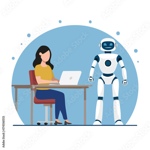 Illustration of a woman using a laptop beside a smiling humanoid robot, symbolizing AI support, teamwork, and modern technology in a clean, cartoon-style workspace.