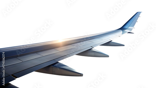 Close up view of an airplane wing with engines against a dark sky isolated on transparent background