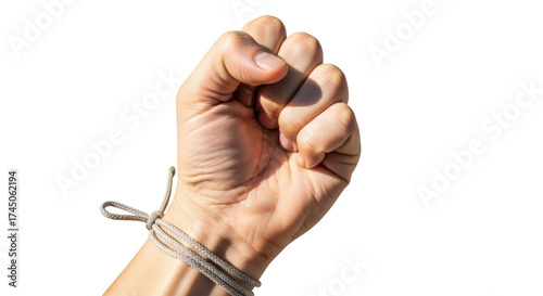 Картината върху платно Isolated clenched male fist with tied string on wrist, gesture to remember somet