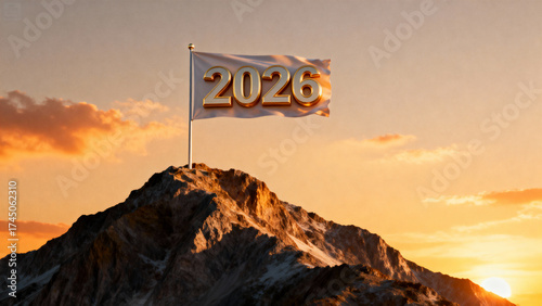 Flag with the year two thousand twenty six on a mountain peak at sunset with a golden sky view