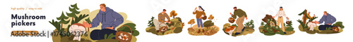Happy people picking mushrooms in autumn forest. Men, women walking in wood in fall season, finding fungi, collecting fungus to baskets. Flat graphic vector illustrations isolated on white background