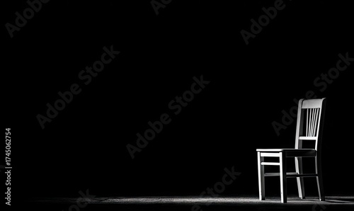Fototapeta Naklejka Na Ścianę i Meble -  Single, white wooden chair lit in stark contrast against a vast, dark black background