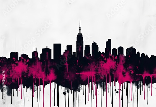 Grungy black & white city skyline silhouette, dripping paint effect , silhouette, modern