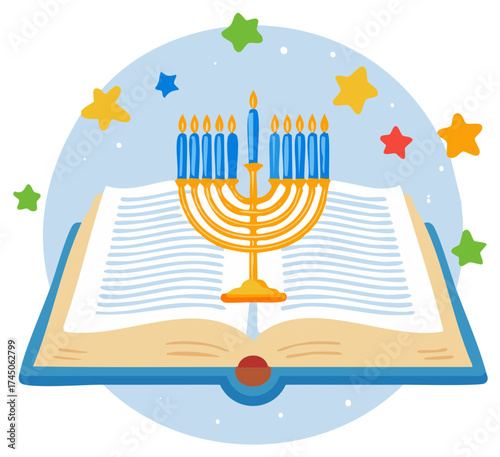 Holiday Menorah on Open Book with Stars and Candles, Festive Celebration Illustration
