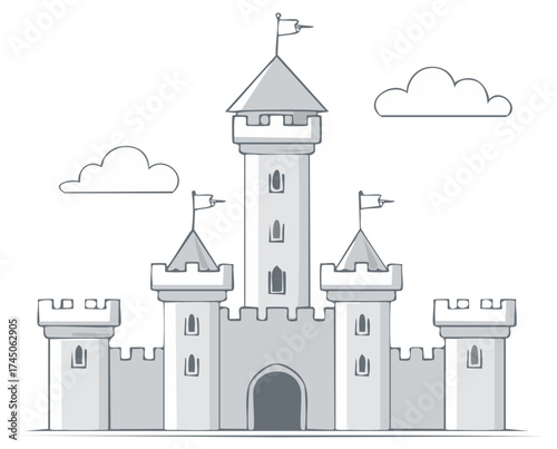 Hand drawn medieval castle illustration featuring multiple towers flags and simple clouds on a clear sky