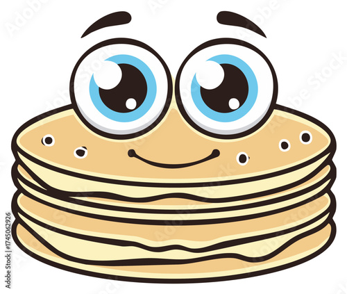 Happy Cartoon Stack of Pancakes with Big Blue Eyes and a Smiling Face
