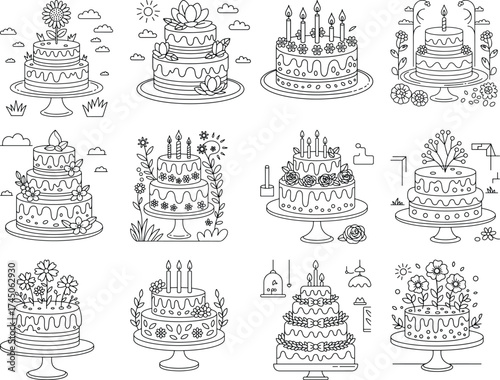 Assortment of Multi- Tiered Celebration Cakes with Floral and Candle Decorations in Outline Style Keywords: cake, dessert, sweet, food, celebration, birthday, party, holiday, occasion, wedding