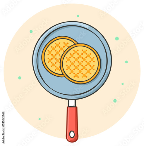 Two round golden pancakes cooking in a blue frying pan with a red handle