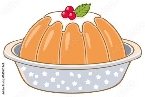 Vibrant orange jelly dessert with cream topping red berries and mint leaf in a decorative bowl
