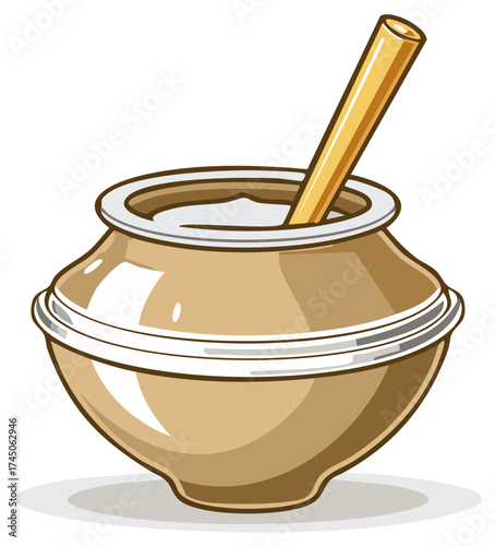 Clay Pot with Wooden Spoon Contains Fresh Milk or Yogurt for Traditional Food Preparation