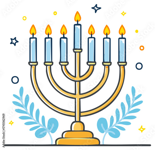 Seven Branch Menorah with Flaming Candles and Decorative Elements
